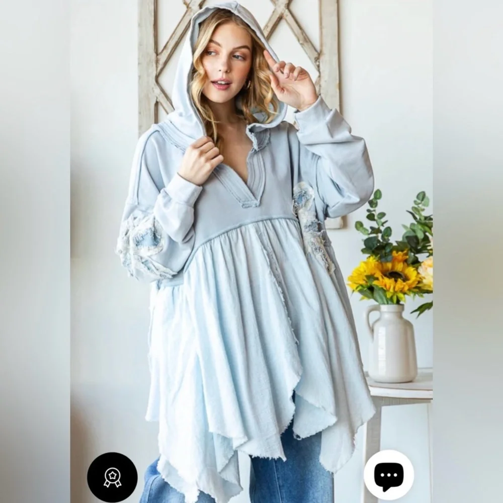 New Oli & Hali Daisy Patchwork Ruffle Hem Oversized Hooded Top - Picture 2 of 6